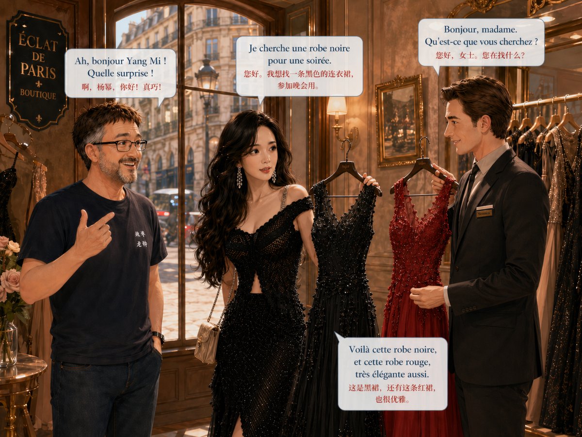 Yang Mi entre dans la boutique Éclat de Paris et cherche une robe