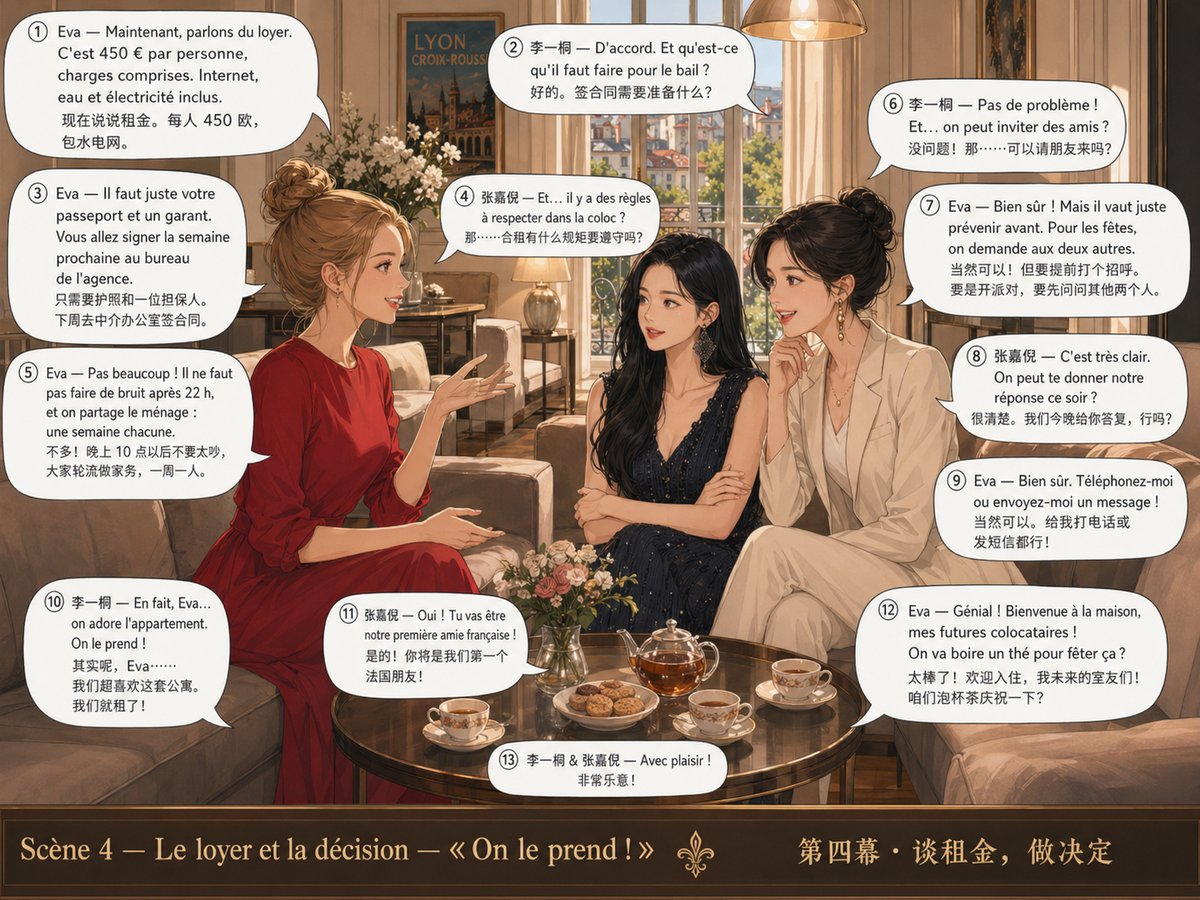 Les trois amies discutent du loyer et trinquent dans le salon