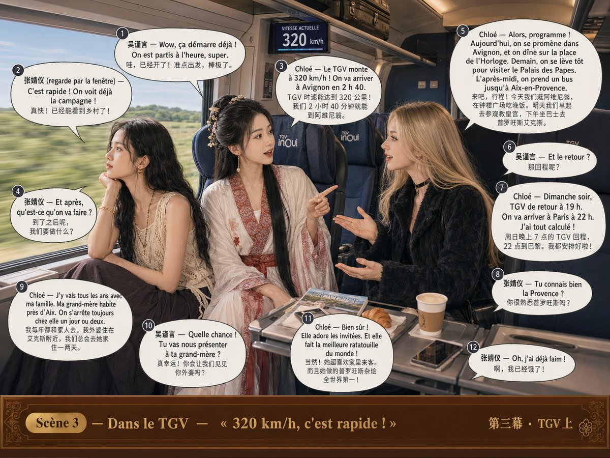Les trois amies installées dans le TGV, qui démarre en quittant Paris