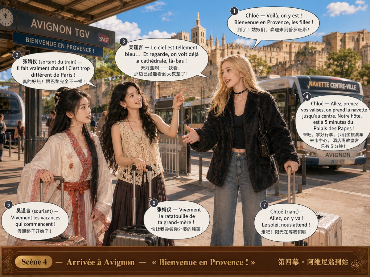 Les trois amies arrivent à la gare d'Avignon TGV sous le soleil