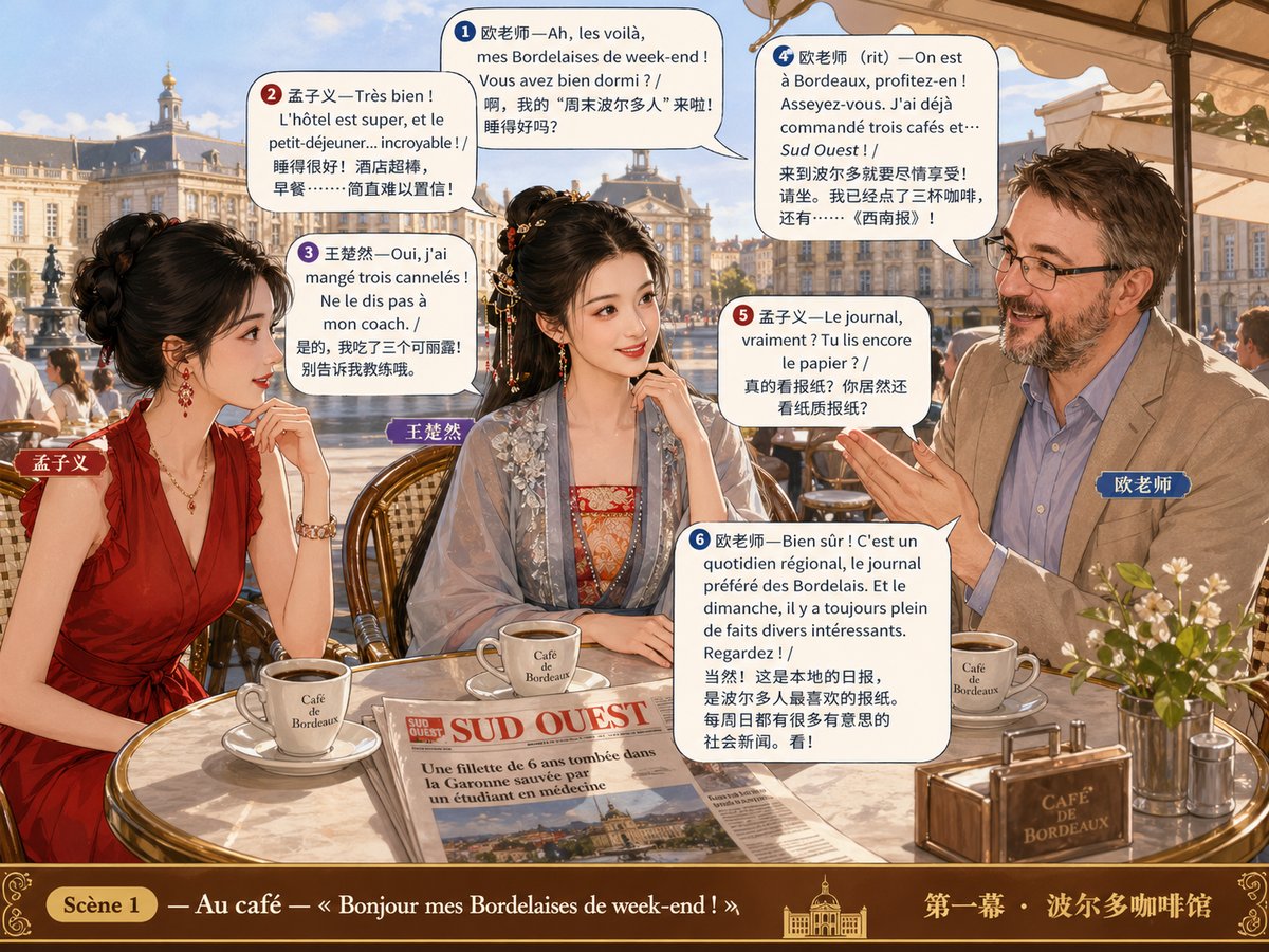 欧老师 attend ses amies sur la terrasse d'un café à Bordeaux, le journal Sud Ouest sur la table