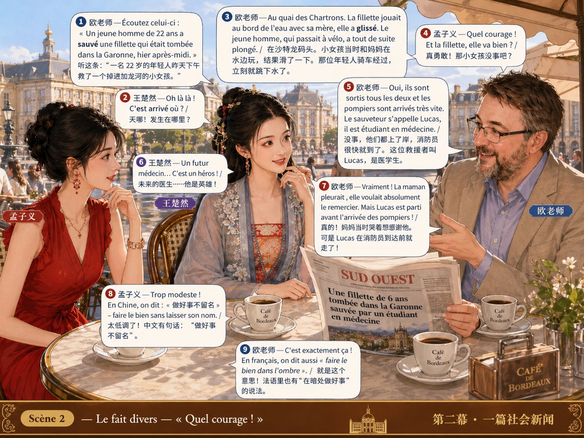 欧老师 lit l'article du sauvetage à voix haute, les amies écoutent attentivement