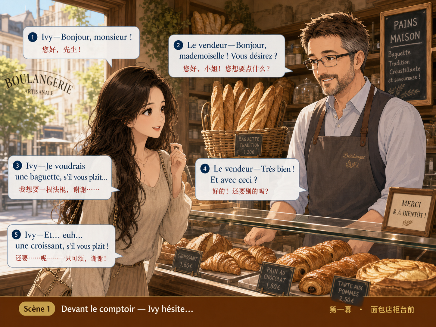 Ivy devant le comptoir d'une boulangerie française, elle commande