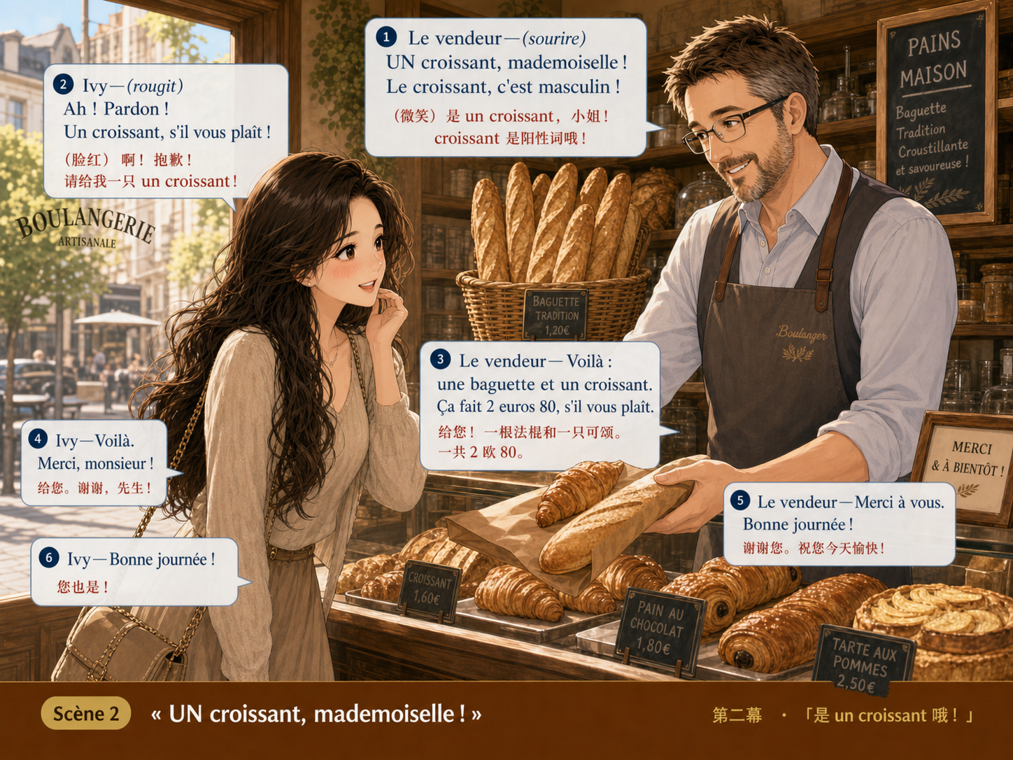 Le vendeur corrige gentiment Ivy : « UN croissant ! »