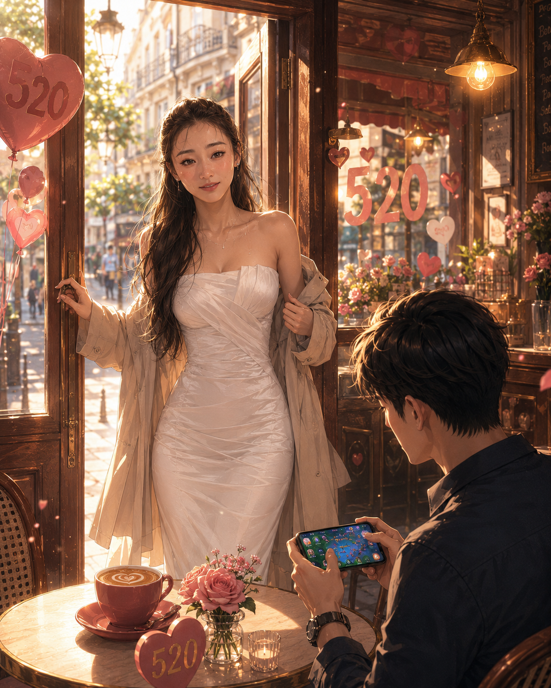 Yao, en robe blanche, debout près de la vitrine d'un café parisien décoré pour le 520 (cœurs, ballons, « 520 »). À table, un homme garde les yeux sur son smartphone où s'affiche un jeu vidéo.