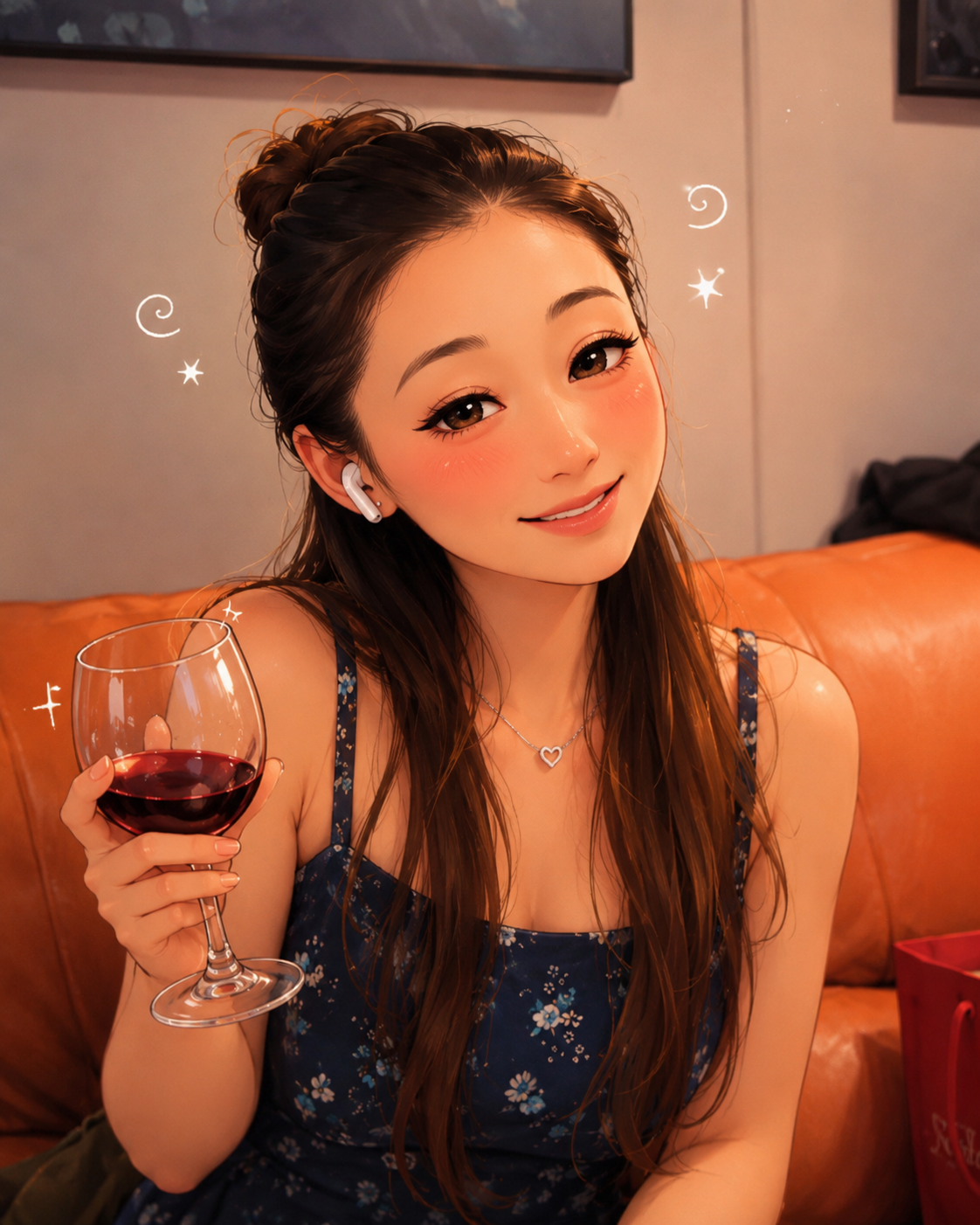 Yao seule, banquette en cuir orange après la soirée, joues rosies, sourire vague, verre de vin rouge à la main et petites étoiles autour de la tête : elle aussi a fini par boire.