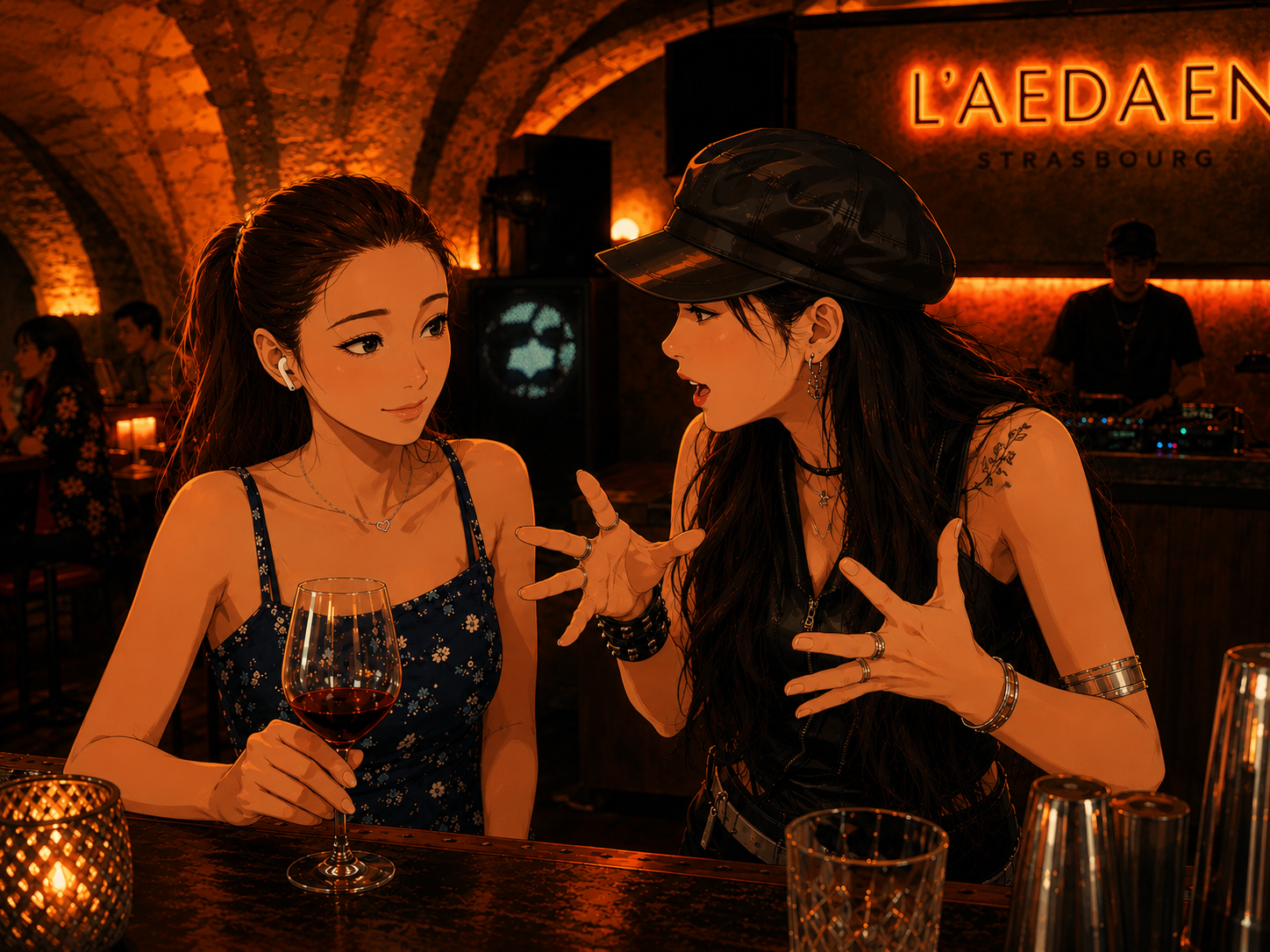 Au comptoir de L'AEDAEN à Strasbourg : Lola, casquette en cuir et tatouages, mains en l'air, déballe sa journée ; Yao, robe à fleurs et écouteur, l'écoute attentivement, son verre de vin rouge à la main.