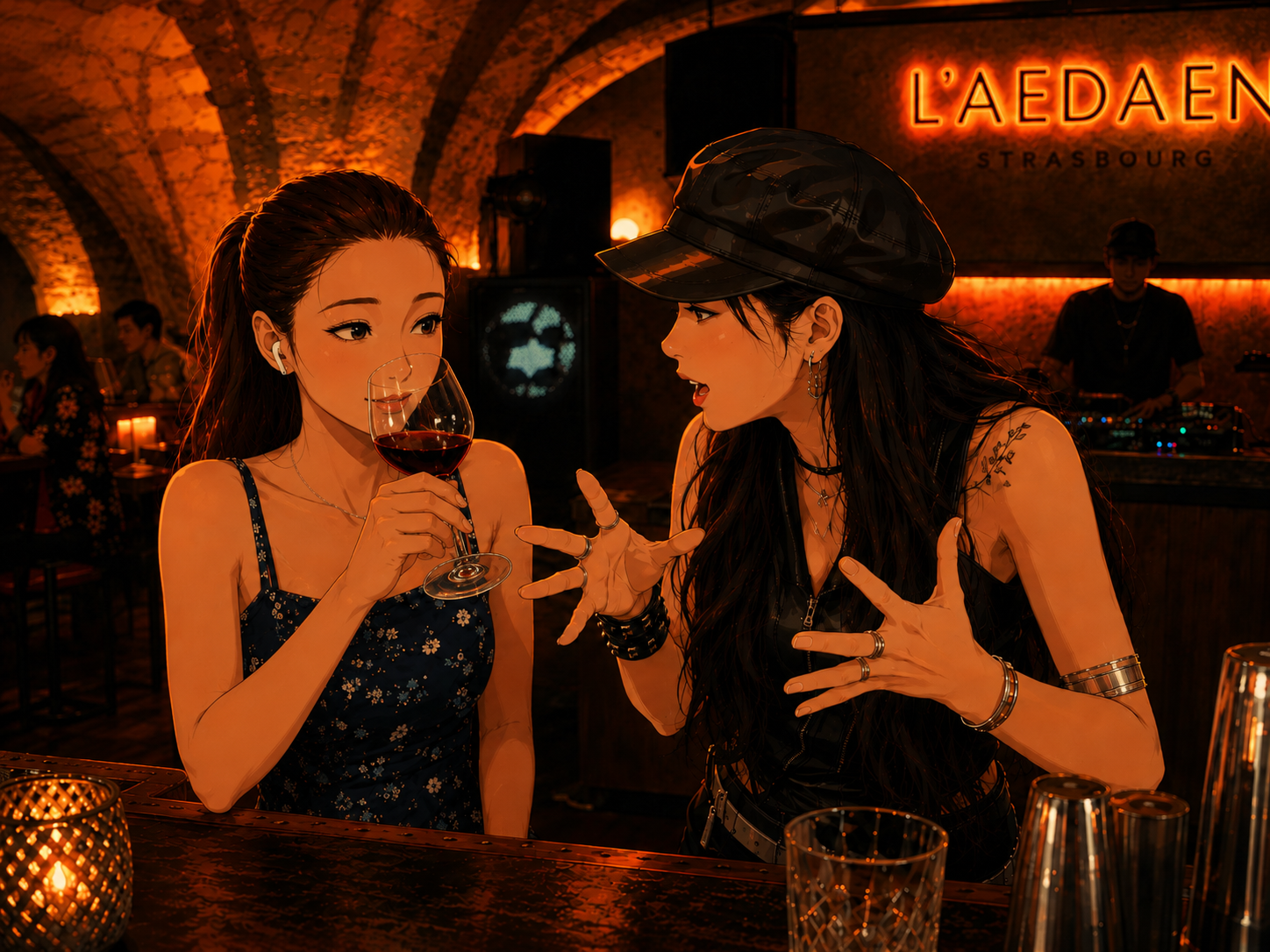 Lola, mains en l'air, raconte sa journée ; Yao porte son verre de vin rouge à ses lèvres en l'écoutant — premier verre qui descend.